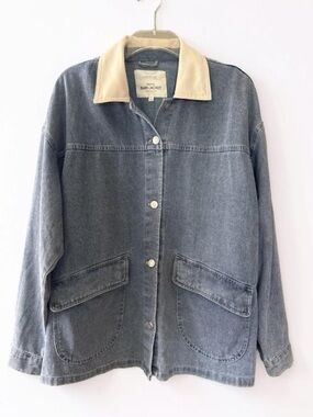 Ultra Flirt Light Blue Denim Barn Jacket with Cream Collar Size L Chore Coat